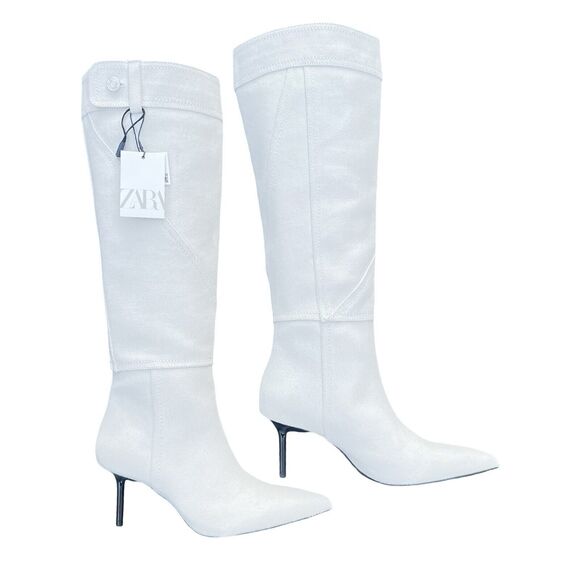 Zara Women Denim High Heel Knee High Pointed Toe Boots Beige Size EU 39 US 8 - Picture 2 of 14